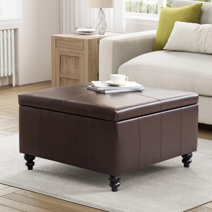 Square Leather Storage Ottoman,Ottoman Coffee Table with Storage for Living Room (Brown)