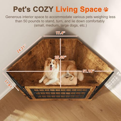 51" Corner Dog Crate Furniture Large Wooden Dog Kennel Indoor Dog House, view 6