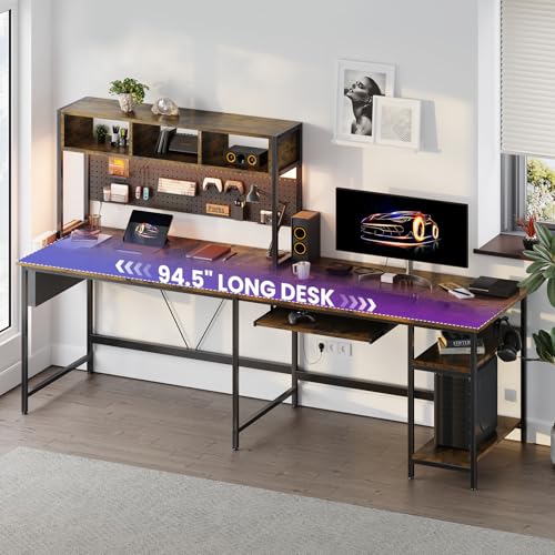 67" L Shaped Gaming Desk, Corner Desk for Compact Spaces with Keyboard Tray & Storage Shelf,Reversible Computer Desk with LED Lighting,Metal Frame PC Gaming Table for Home Office Bedroom,Rustic