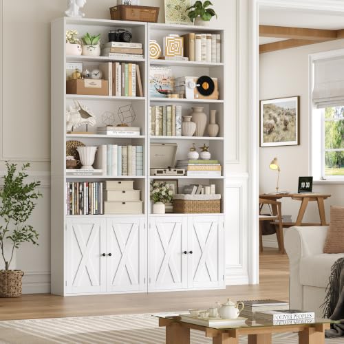 82" Tall Bookcase and Book Shelf, 24" Wide Bookshelf with Doors, 7 Tier Bookcase with Storage and Adjustable Shelf, Open and Display Farmhouse Bookshelf for Living Room, Home Office, White