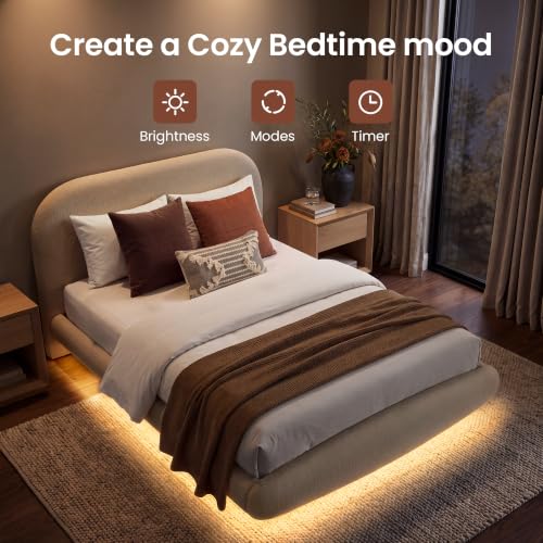 Floating Queen Bed Frame with Headboard and LED Lights, Taupe, view 4