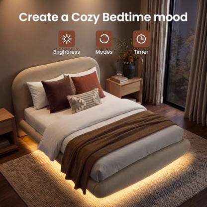 Floating Queen Bed Frame with Headboard and LED Lights, Taupe, view 4