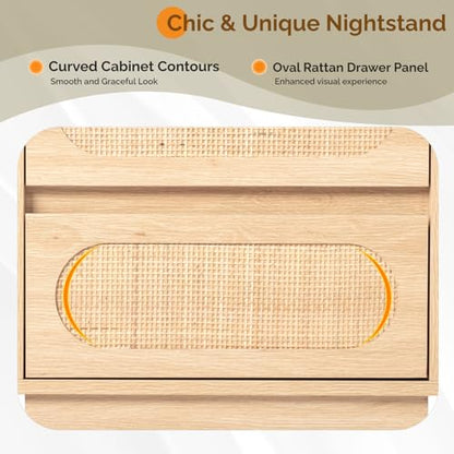 Rattan Nightstand with Charging Station, Boho Nightstand with Drawers and Shelves, Wood Night Stand Bedroom, Real Rattan Bed Side Table/End Table，17.72" W*13.86" D*25.6" H