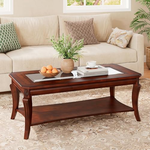 Traditional Wood Coffee Table with Glasstop, 47.2* 23.6* 17.9in | Rectangle Solid Wood Tea Table with Storage Shelf, 2-Tier Glass Center Tables in Cherry for Living Room, Large Cocktail Table