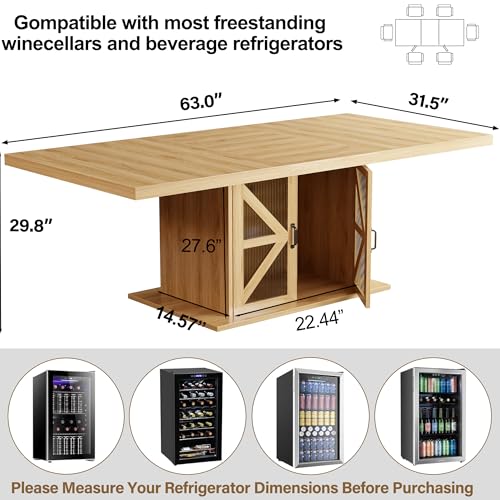 Dining Table for 4-6, Modern Wood Dining Room Table, Farmhouse Rectangular Kitchen Table with Storage & Fridge Space, Large Rustic Eating Dinner Tables for Kitchen, Living Room, Oak, 63 Inch