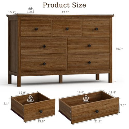 47" Walnut Dresser for Bedroom with 7 Drawer & Metal Handles, view 3