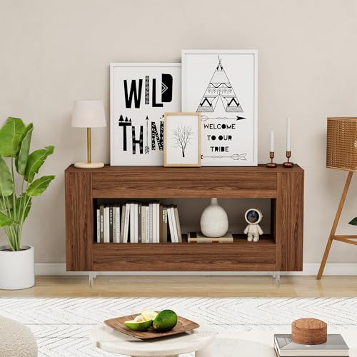 65" TV Stand with 2 Drawers & Hidden Cabinets, Brown Wood Grain Finish, view 7