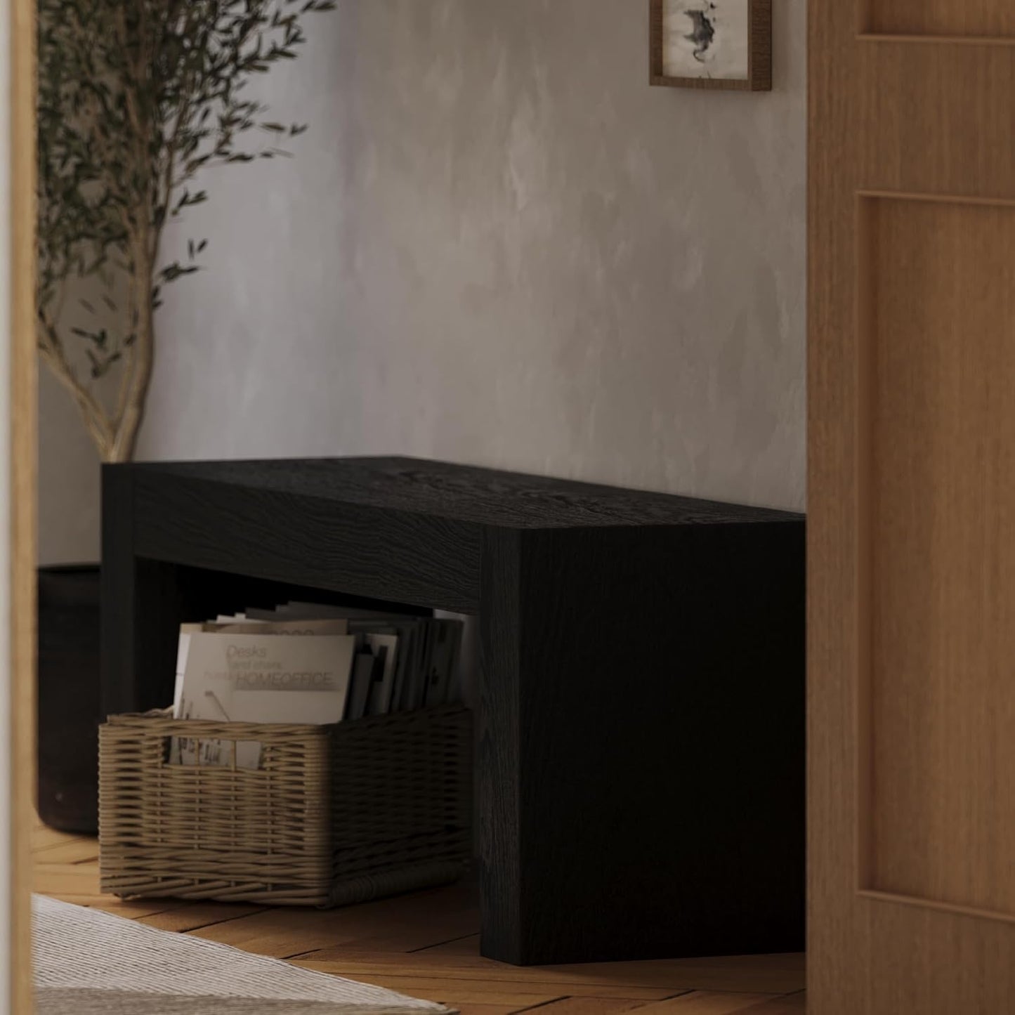 Zeno Contemporary Wooden Backless Bench Seating for Modern Dining, Kitchen Table, Entryway, Foyer, or Lobby in Weathered Black Finish