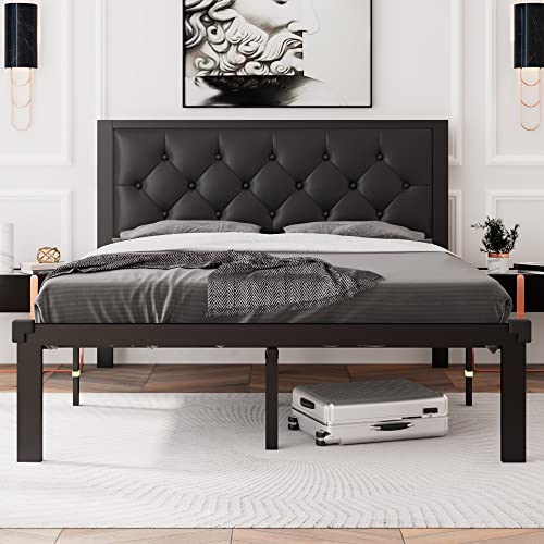 Full Size Metal Bed Frame with Faux Leather Button Tufted Headboard, view 2