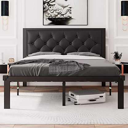 Full Size Metal Bed Frame with Faux Leather Button Tufted Headboard, view 2