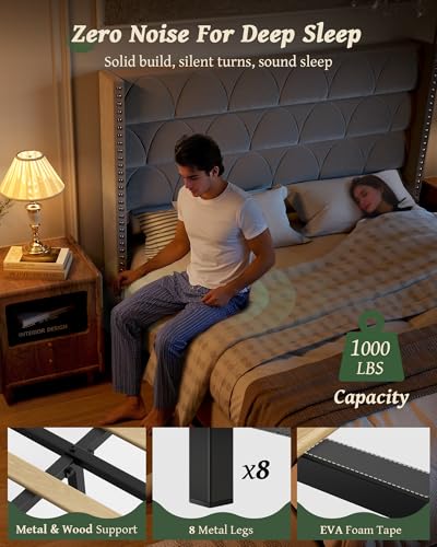 Velvet Wingback Bed Frame with Headboard, Noise-Free and Sturdy Wood Slat, Deep Gray, view 4