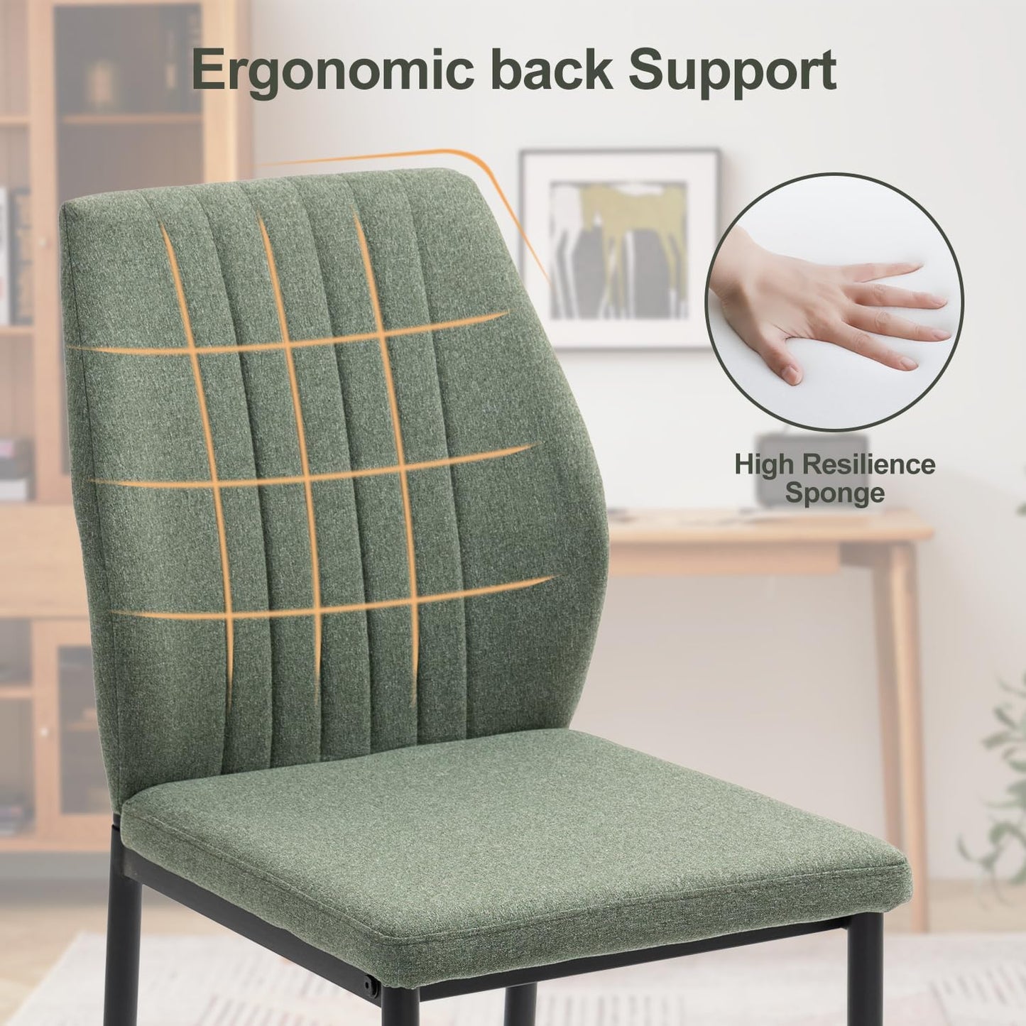 Dining Chairs Set of 4, Upholstered Wooden Dining Room Chairs, Mid Century Modern Fabric Kitchen Chair with Metal Legs Chenille Fabric for Kitchen/Restaurant/Hotel- Green (Only Chairs)