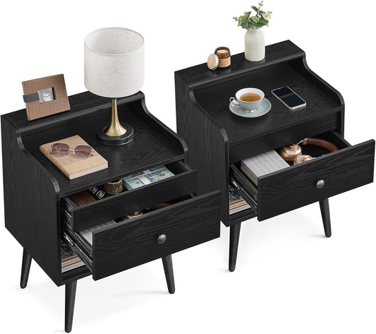 Nightstands, Set of 2, Bedside Tables with Hidden Drawers, Mid-Century End Side Tables with Solid Wood Legs, for Bedroom, Ebony Black ULET624B01
