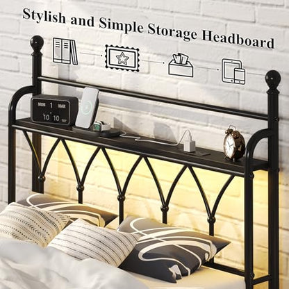 Full Size Metal Bed Frame with Storage Headboard, Charging Station, Black, view 6