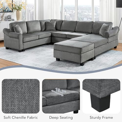 Sectional Sofa 111.8" U Shaped Sofa Chenille Upholstered Sofa Couch with Movable Storage Ottoman for Living Room, Dark Gray