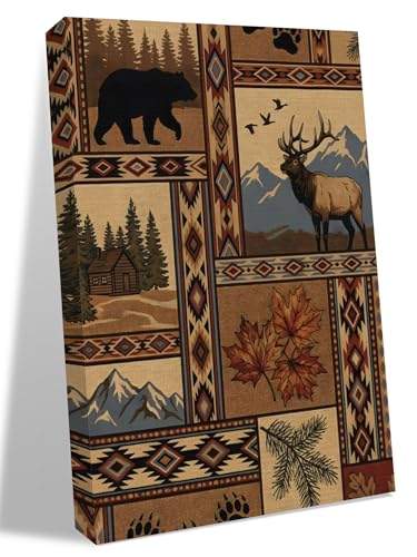 NuYeBiofx Rustic Elk Bear Mountain Forest Canvas Wall Art Prints,48"x32" Framed Picture Artwork Brown Buffalo Plaid Printed Canvas Oil Painting for Living Room Bedroom Office,Ready to Hang