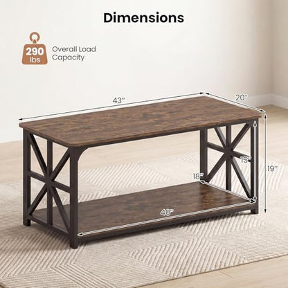 Farmhouse Coffee Table, 43" Center Table with Storage & X-Shaped Frames, 2-Tier Modern Accent Cocktail Tea Table, Rectangular Wood Living Room Tables for Small Spaces, Rustic Brown