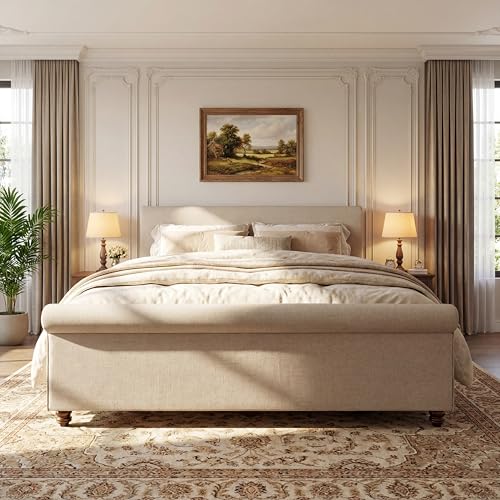 King Size Upholstered Bed Frame with Linen Fabric, view 2