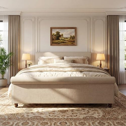 King Size Upholstered Bed Frame with Linen Fabric, view 2