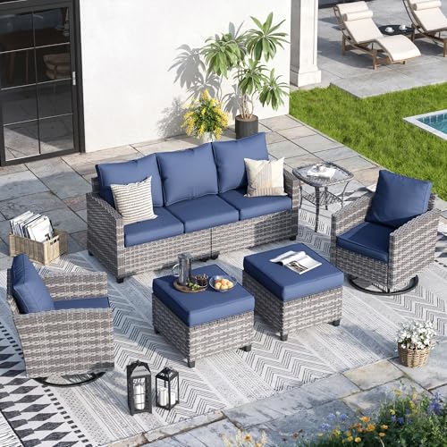 Patio Furniture Set, 6 Pcs Patio Outdoor Sectional, Wicker Outdoor Couch with Swivel Chair, Ottomans, Side Table, 4" Thick Cushion, for Garden Backyard Deck,Navy Blue