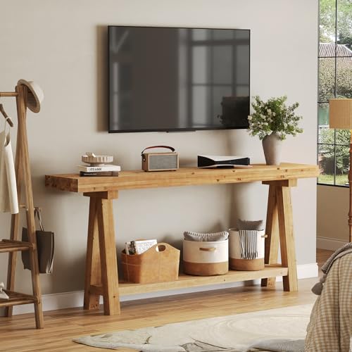 70.9-Inch Solid Wood Console Table for Entryway, Farmhouse Long Sofa Table with Shelves for Living Room, Hallway, Foyer, Easy Assembly