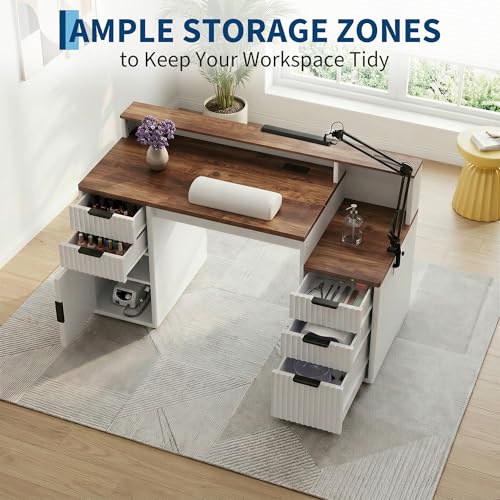 Home Office Computer Desk with Hutch & Printer Shelf, Brown & White, view 8