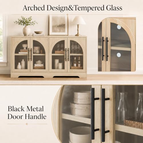 Sideboard Buffet Cabinet with Arched Glass Doors, Adjustable Shelves, view 5