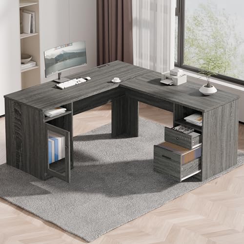 L Shaped Desk with File Cabinet, Corner Computer Desk with Storage Drawers, Large Home Office Table with Power Outlets, 60 Inch (Grey)