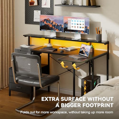 55 Inch Computer Desk for Home Office, Gaming Computer Desk with Printer Shelf, Storage Drawers, Power Outlets, Monitor Stand & LED Strip, Foldable L Shaped Gaming Table (Black)