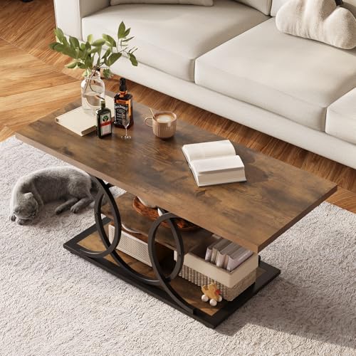 Rustic Coffee Table with Storage Industrial 3 Tier Center Living Room Table Farmhouse Wooden Rectangle Cocktail Tea Table for Office Bedroom Elegant Full Moon Round Metal Frame (Brown, L-47)