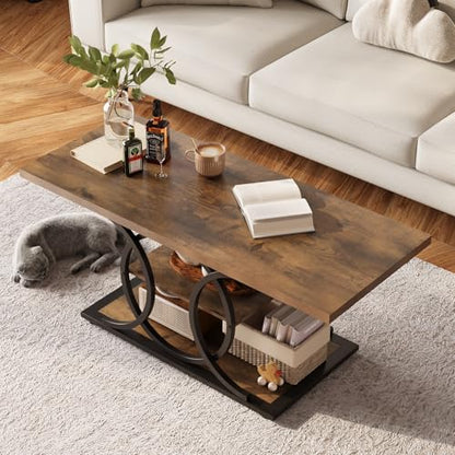 Rustic Coffee Table with Storage Industrial 3 Tier Center Living Room Table Farmhouse Wooden Rectangle Cocktail Tea Table for Office Bedroom Elegant Full Moon Round Metal Frame (Brown, L-47)