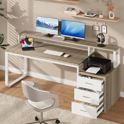 67" Home Office Desk with 3 Drawers and LED Lights, Walnut, view 8