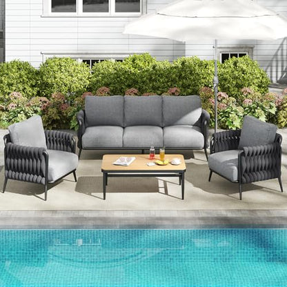 Outdoor Patio Furniture Set, Outdoor 5-Seat Sofa with Coffee Table, Waterproof Thick Cushion Patio Conversation Set, All Weather Outdoor Couch Set for Deck, Lawn, Balcony, Porch