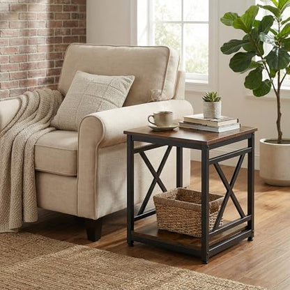 Industrial End Table, 18" Square Side Table with 2-Tier Storage Shelf, X-Design Metal Frame, Rustic Brown Nightstand Bedside Table for Living Room, Bedroom