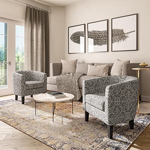 Accent Barrel Chair, Linen Round Chair Club Tub Sofa Corner Chair with Flared Legs and Cozy Soft Padding for Living Room Bedroom Waiting Room - White & Gray