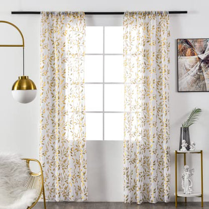 Sheer Curtains 63 Inch Length 2 Panels, Gold Foil Metallic Vine Leaves Print Window Treatments for Kitchen Living Room, Luxury Bronzing Privacy Drapes, Rod Pocket, 52" W x 63" L, White