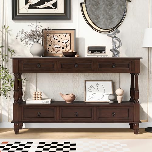 54'' Solid Wood Console Table, Farmhouse Entryway Table with 6 Drawers and Shelf, Narrow Long Sofa Table with Storage for Living Room Hallway, Couch, Foyer (Espresso)