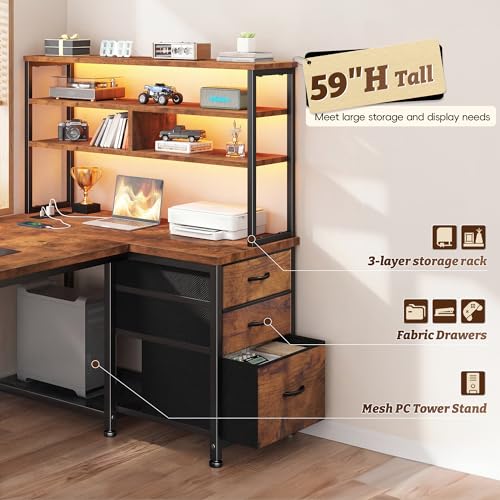 Office Desk with 3 Fabric Drawers & Shelf, Reversible L Shaped Desk Computer Desk with Remote LED Lights, Power Outlet for Home Office Desk, Corner Desk for Bedroom, Brown