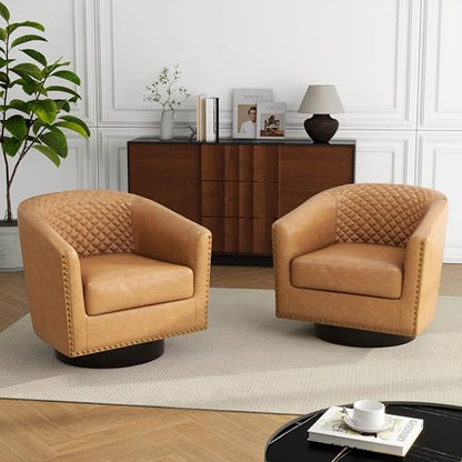 Swivel Barrel Accent Chair, Comfy Modern Upholstered Round Faux Leather Arm Chair for Living Room, Bedroom（Coffee, Set of 2