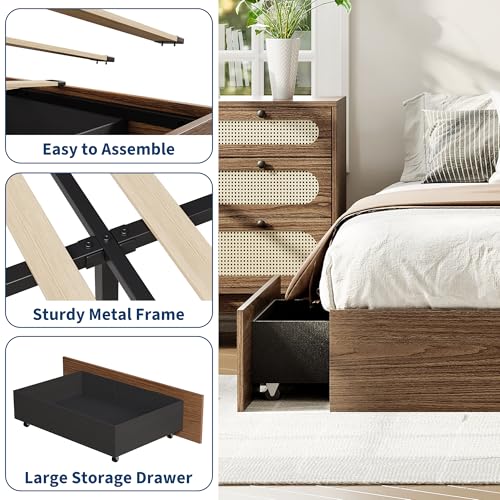 Wood Platform Bed Frame, California King Bed Frame with 2 Drawer, view 5
