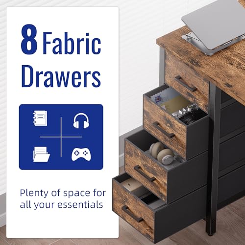 47 Inch Computer Desk with 8 Fabric Drawers PC Gaming Desk Home Office Study Work Writing Table for Bedroom Vintage