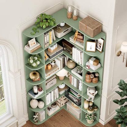 72” Tall Corner Bookshelf, 6-Tier Bookshelf and Bookcase with Open Storage, Tall Bookcases Wooden Storage Shelves for Home Office, Thickened Boards for Better Load Bearing, Green