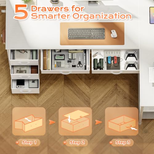 55 Inch L Shaped Desk with Power Outlets, 5 Fabric Drawers, view 6