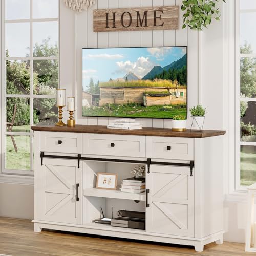 59" Farmhouse TV Stand with Storage Drawers, White & Barnwood, view 2