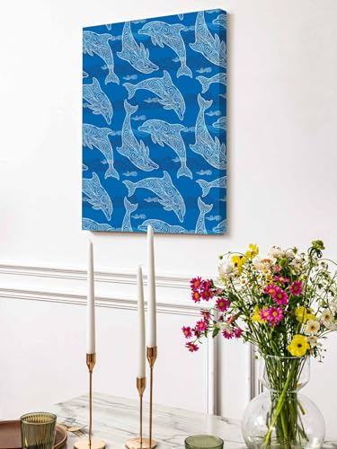 NuYeBiofx Summer Ocean Blue Dolphin Canvas Wall Art Prints,48"x32" Framed Picture Artwork Abstract Waves Texture Printed Canvas Oil Painting for Living Room Bedroom Office,Ready to Hang