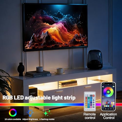 White LED TV Stand for 75 Inch TV, High Gloss Entertainment Center with Storage Drawer, Console Table for Living Room, Bedroom