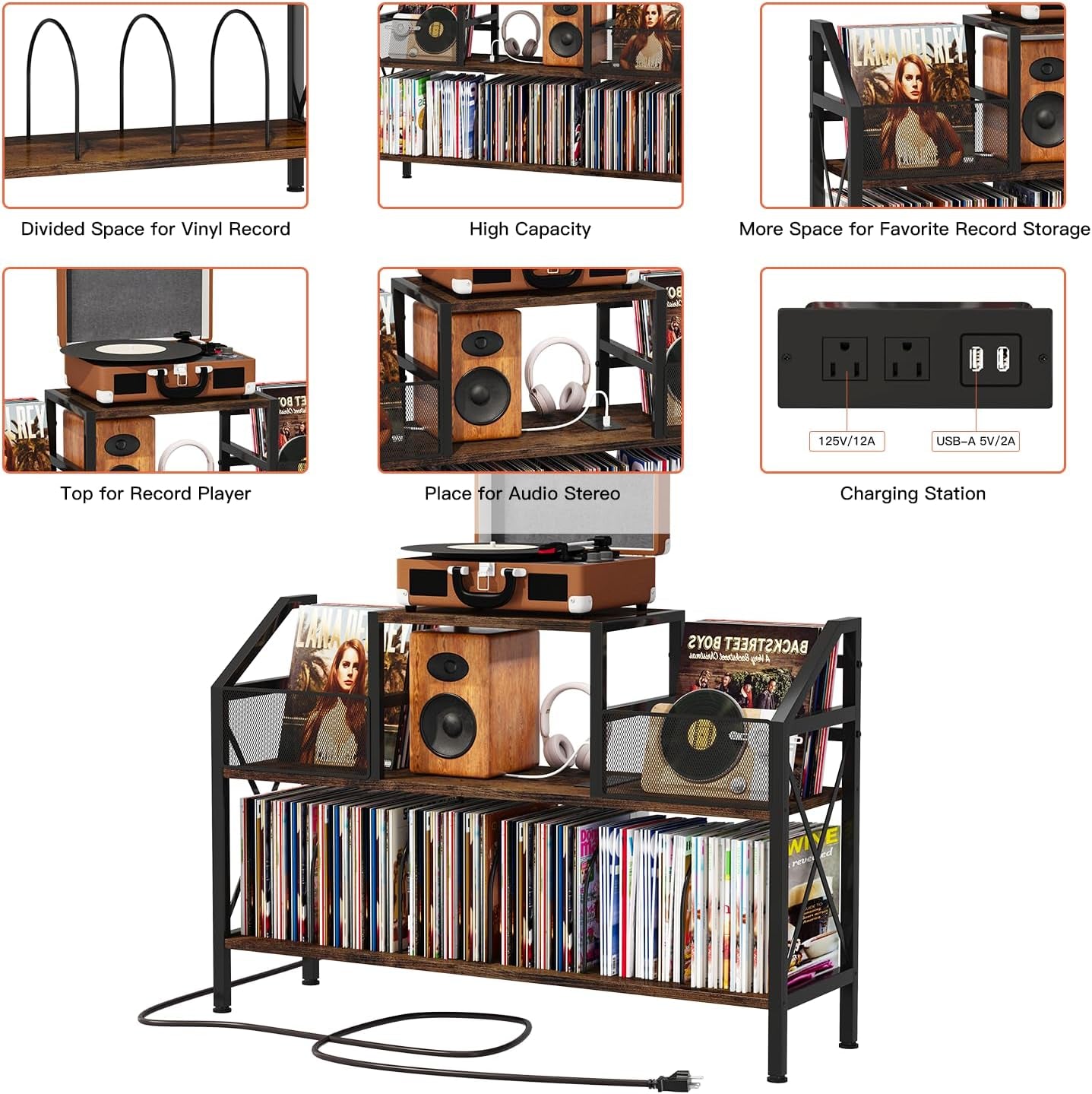 Record Player Stand Holds up to 500 Albums, Turntable Stand with Vinyl Record Player Storage Cabinet, Records Vinyl Albums Storage, Rustic Brown