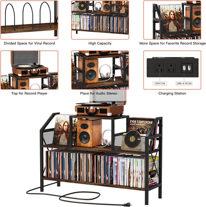 Record Player Stand Holds up to 500 Albums, Turntable Stand with Vinyl Record Player Storage Cabinet, Records Vinyl Albums Storage, Rustic Brown