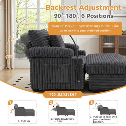 Chaise Lounge Chair with Adjustable Backrest, Storage Ottoman, view 7