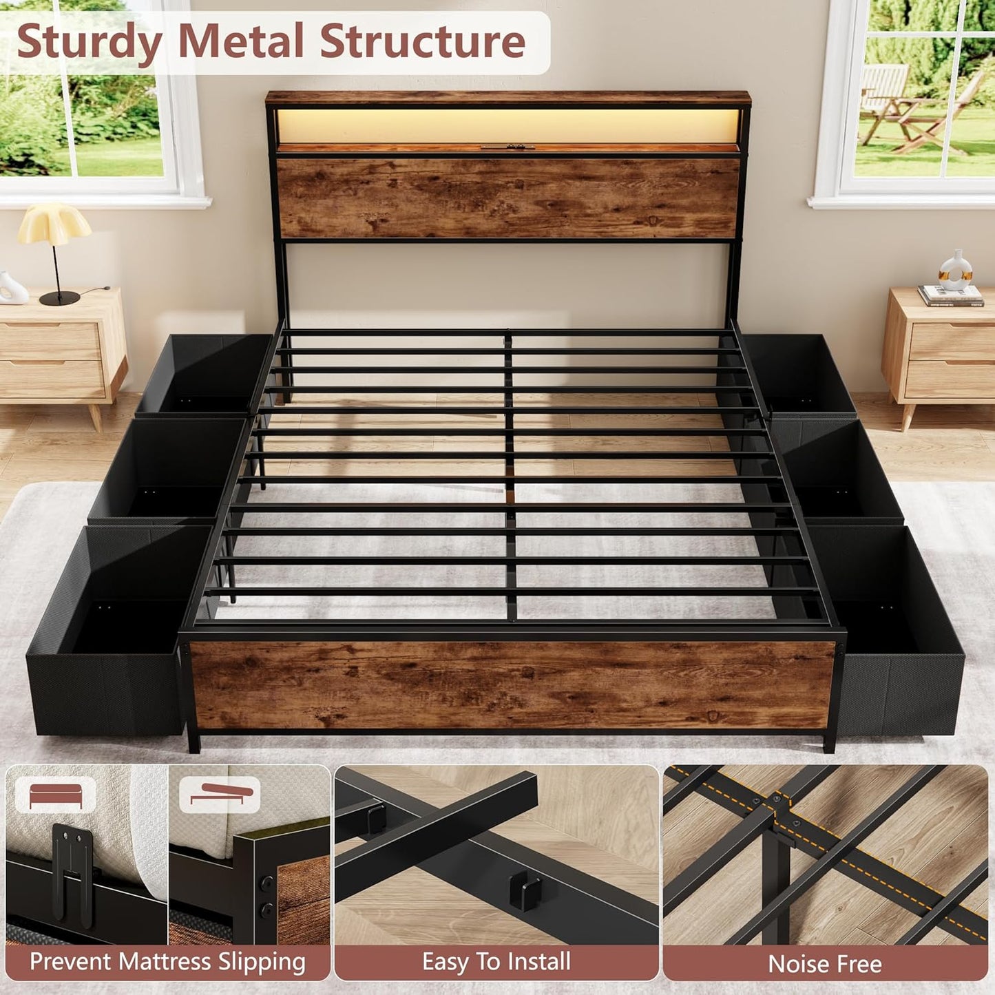 Queen Bed Frame with Headboard & 6 Drawers, Metal Platform Bed Frame Queen Size with Charging Station,Led Lights,2 Tier Shelf Storage Bedframe-No Box Spring Needed,Noise Free,Rustic Brown
